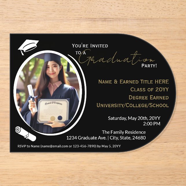 Graduation Party Black, White & Gold, Grad Photo  Acrylic Invitations (Front)