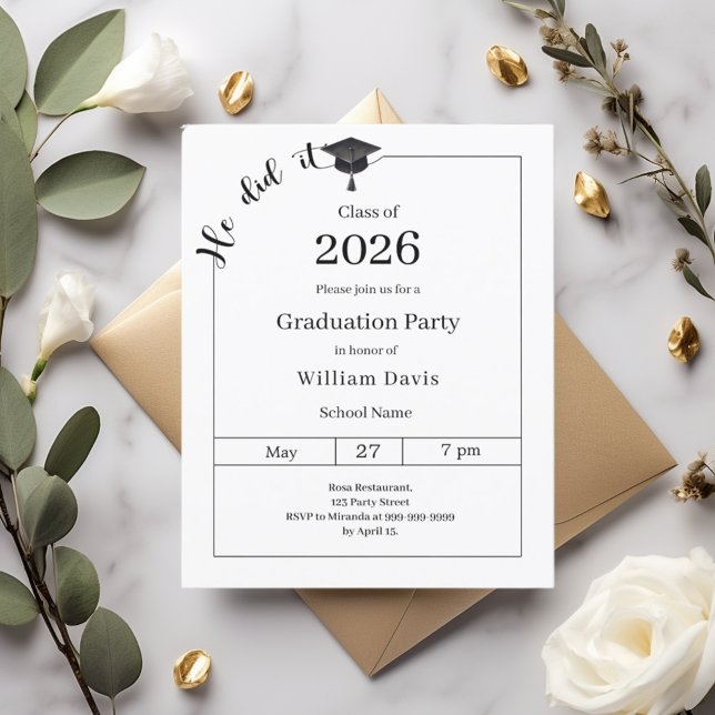 Graduation party black white He did it invitation (Creator Uploaded)