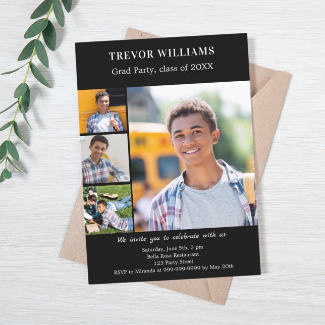 Graduation party black white photo collage invitation (Creator Uploaded)