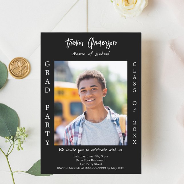 Graduation party black white photo invitation (Creator Uploaded)