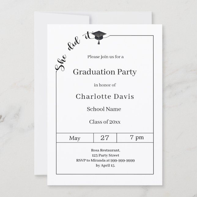 Graduation party black white She did it Invitation (Front)