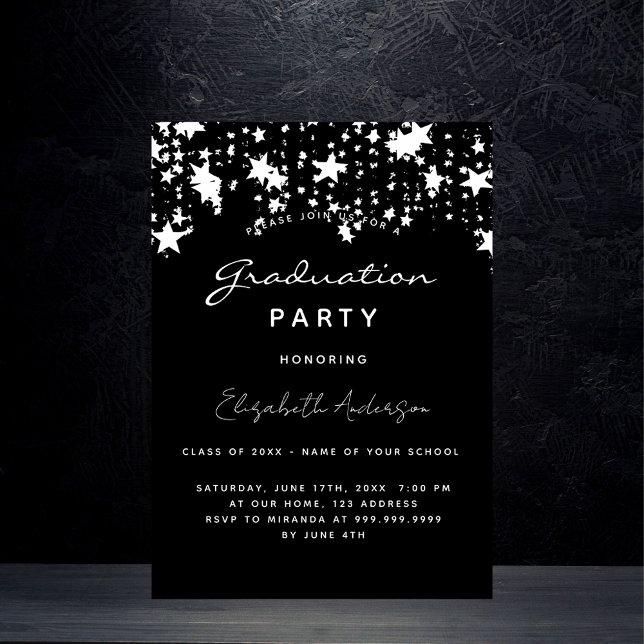 Graduation party black white stars 2025 invitation postcard (Creator Uploaded)