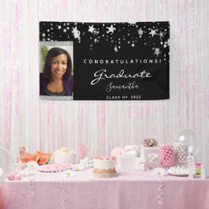 Graduation party black white stars photo 2025 banner