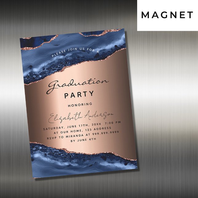 Graduation party blue agate rose gold luxury magnetic invitation (Creator Uploaded)