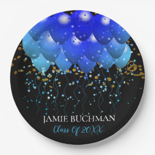 Graduation Party Blue Balloons Gold Confetti Black Paper Plate