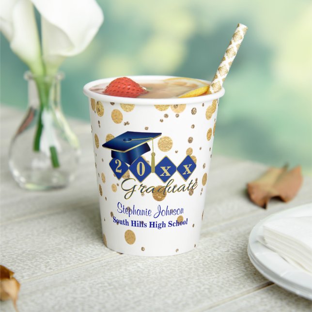 Graduation Party Blue Gold Confetti Personalised Paper Cups (Insitu)