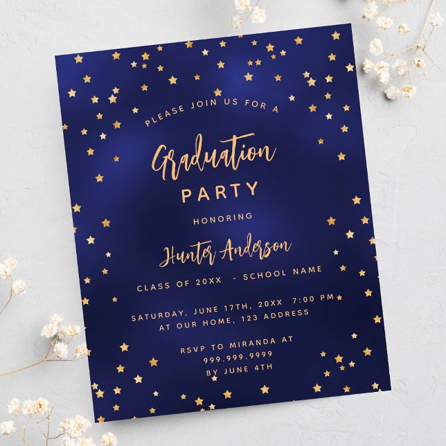 Graduation party blue gold stars budget invitation flyer (Creator Uploaded)