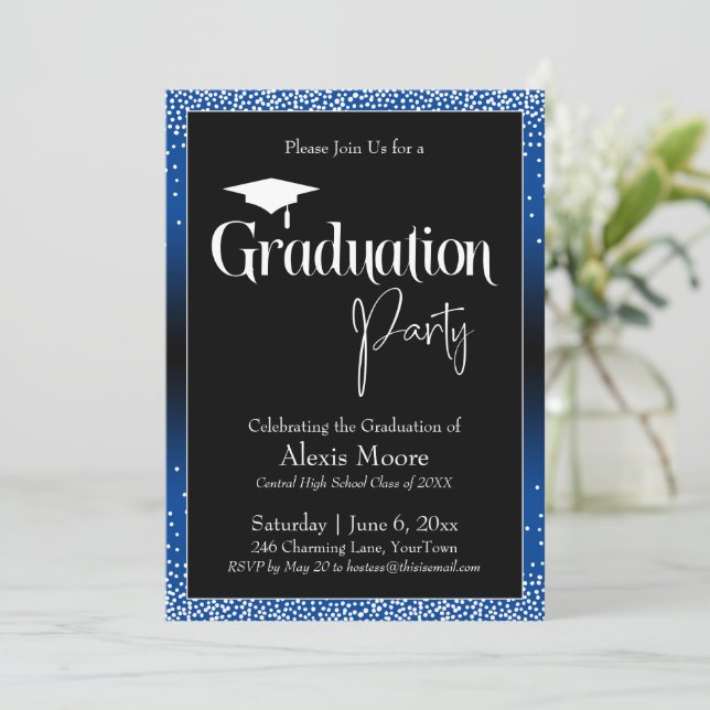 Graduation Party Blue Ombre Confetti Invitation (Standing Front)