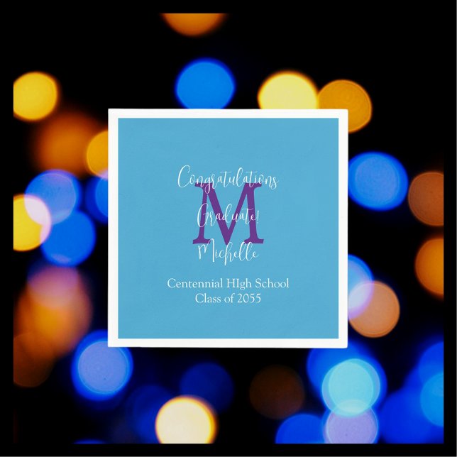 Graduation Party Blue Purple White Name Monogram  Napkin (Creator Uploaded)