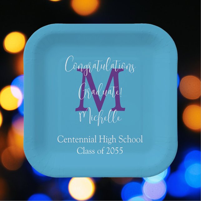 Graduation Party Blue Purple White Name Monogram Paper Plate (Creator Uploaded)