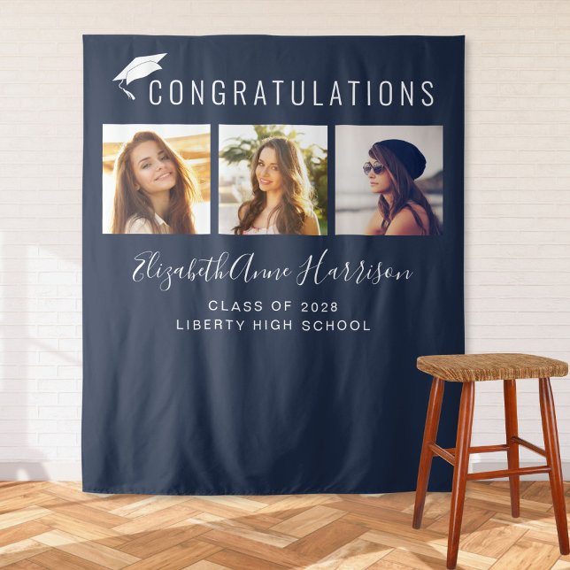 Graduation Party Blue Script Photo Booth Backdrop Tapestry (Creator Uploaded)