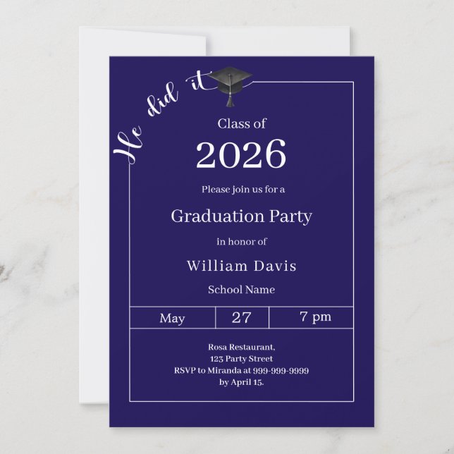 Graduation party blue white He did it Invitation (Front)