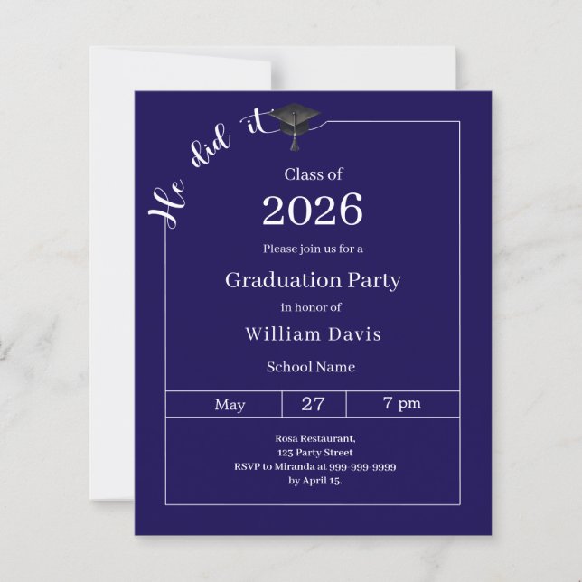 Graduation party blue white He did it invitation (Front)