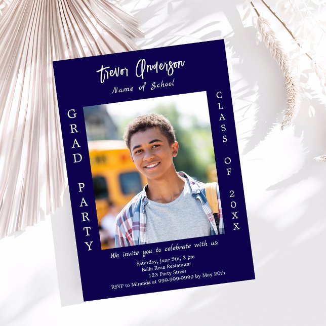 Graduation party blue white photo invitation (Creator Uploaded)