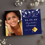 Graduation party blue white stars photo 2023 save the date<br><div class="desc">A photo Save the date card for a graduation party 2023. On front: Add your own vertical size photo of the graduate. A classic navy blue background color, decorated with white stars. Personalize and add a name and date. White letters. The name and the text: Save the Date are written...</div>