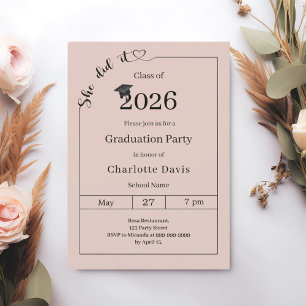 Graduation party blush pink neutral She did it Invitation