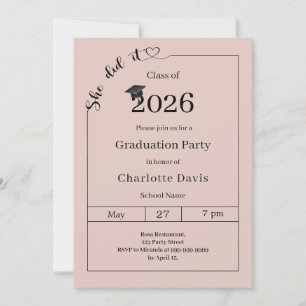Graduation party blush pink neutral She did it Invitation