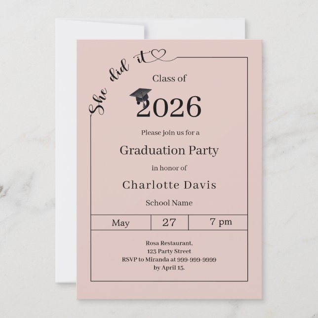 Graduation party blush pink neutral She did it Invitation (Front)
