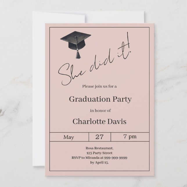 Graduation party blush pink neutral She did it Invitation (Front)