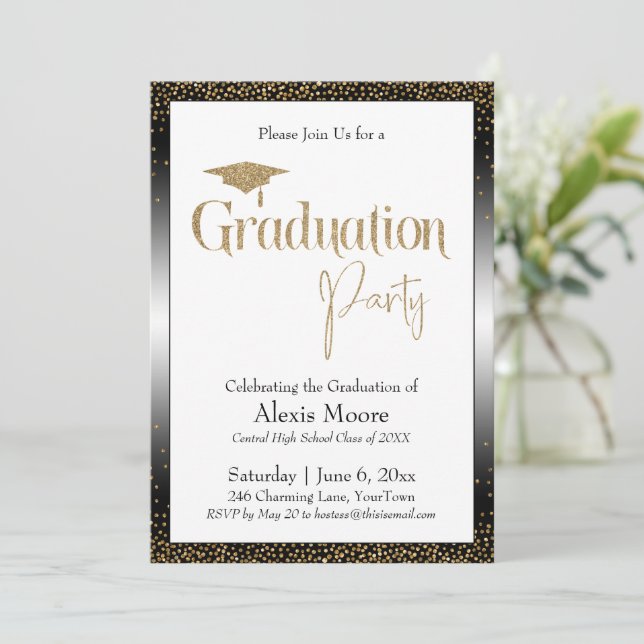 Graduation Party Bordered Gold Confetti Invitation (Standing Front)