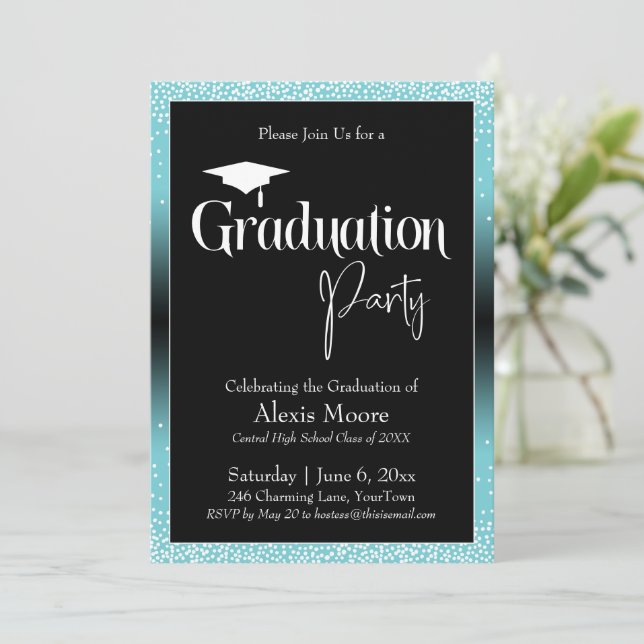 Graduation Party Bright Turquoise Ombre Confetti Invitation (Standing Front)