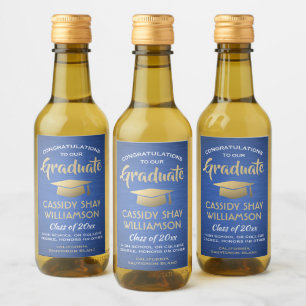 Graduation Party Brushed Blue Gold and White Mini Wine Label