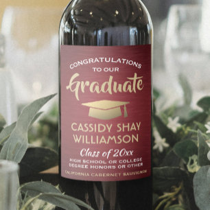 Graduation Party Brushed Burgundy Red Gold White Wine Label