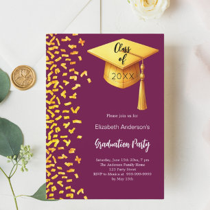Graduation party burgundy gold confetti invitation