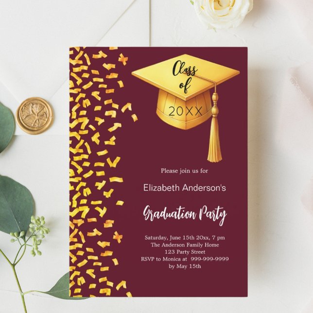 Graduation party burgundy gold confetti invitation (Creator Uploaded)