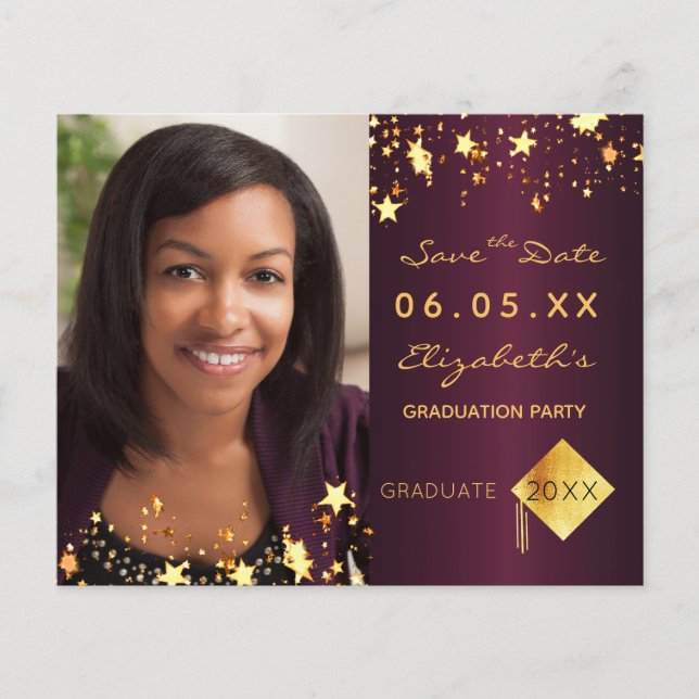 Graduation party burgundy gold Save the Date card (Front)