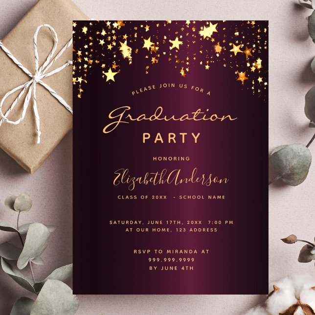 Graduation party burgundy gold stars 2025 invitation (Creator Uploaded)