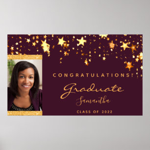 Graduation party burgundy gold stars photo poster