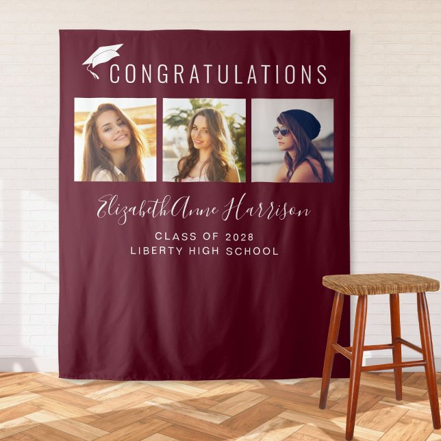 Graduation Party Burgundy Photo Booth Backdrop Tapestry (Creator Uploaded)