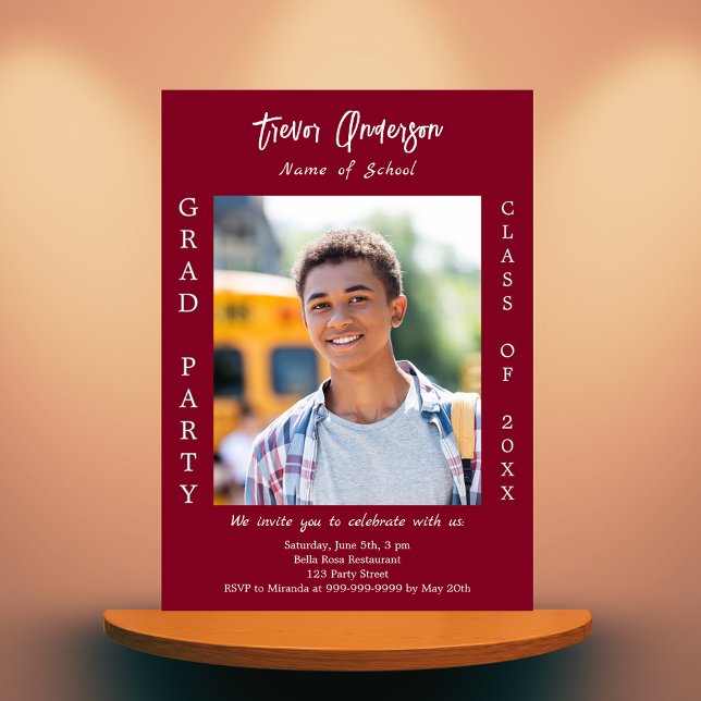Graduation party burgundy photo invitation (Creator Uploaded)