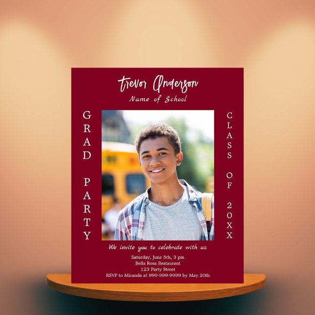 Graduation party burgundy photo invitation (Creator Uploaded)