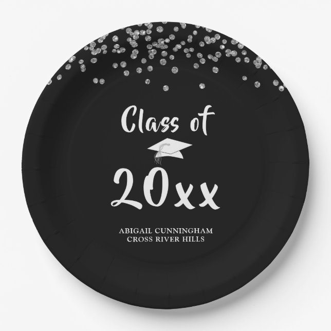 Graduation Party Class of Black Silver Confetti Paper Plate (Front)