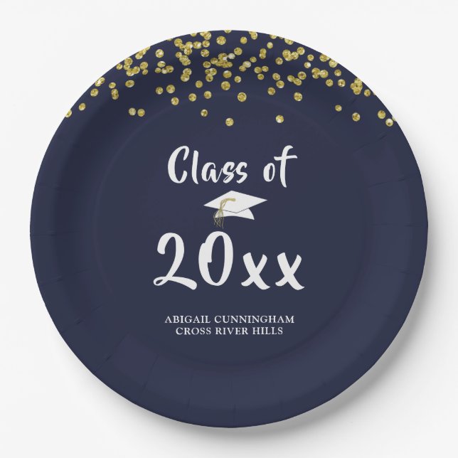 Graduation Party CLASS OF Navy Gold Glitter Paper Plate (Front)