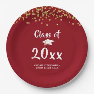 Graduation Party CLASS OF Red Gold Glitter Paper Plate