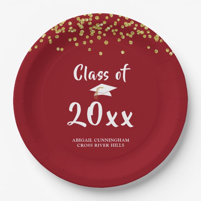 Graduation Party CLASS OF Red Gold Glitter Paper Plate (Front)