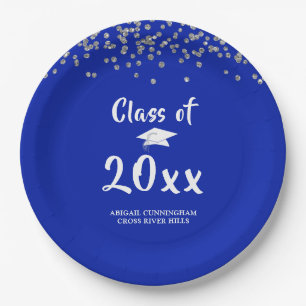 Graduation Party Class Royal Blue Silver Confetti Paper Plate
