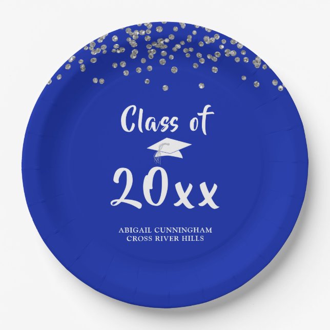 Graduation Party Class Royal Blue Silver Confetti Paper Plate (Front)