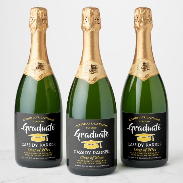Graduation Party Congrats Black Gold Yellow Sparkling Wine Label (Bottles)