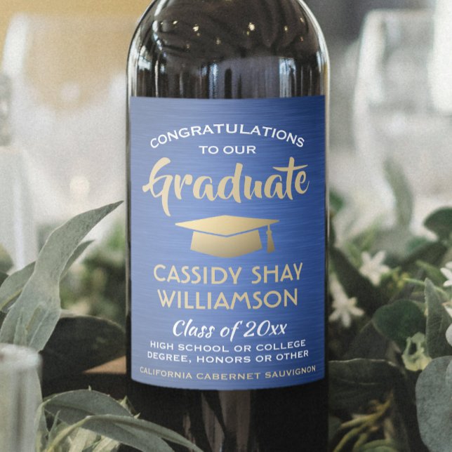 Graduation Party Congrats Brushed Blue Gold White Wine Label (Creator Uploaded)