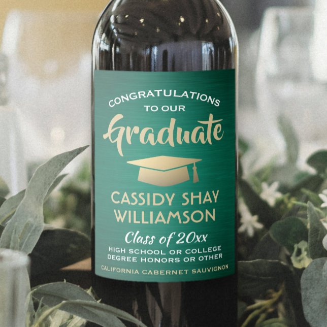 Graduation Party Congrats Brushed Green Gold White Wine Label (Creator Uploaded)