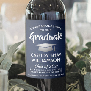 Graduation Party Congrats Brushed Navy Blue White Wine Label