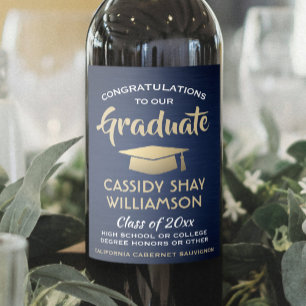 Graduation Party Congrats Brushed Navy Gold White Wine Label