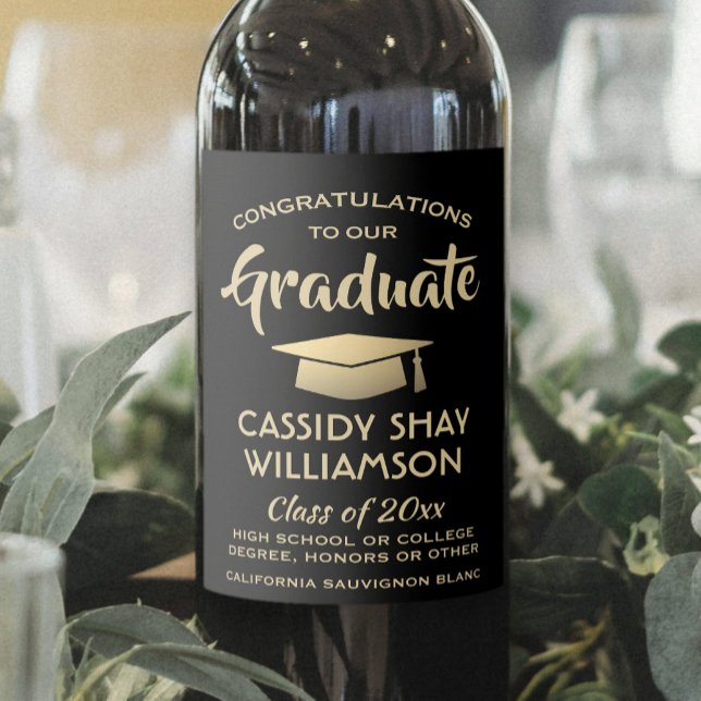 Graduation Party Congrats Elegant Black and Gold Wine Label (Creator Uploaded)