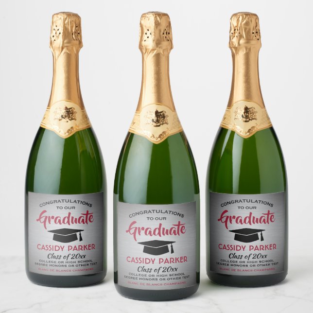 Graduation Party Congrats Elegant Red Grey & Black Sparkling Wine Label (Bottles)