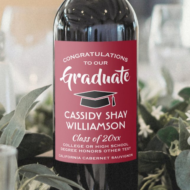 Graduation Party Congrats Elegant Red White Black Wine Label (Creator Uploaded)