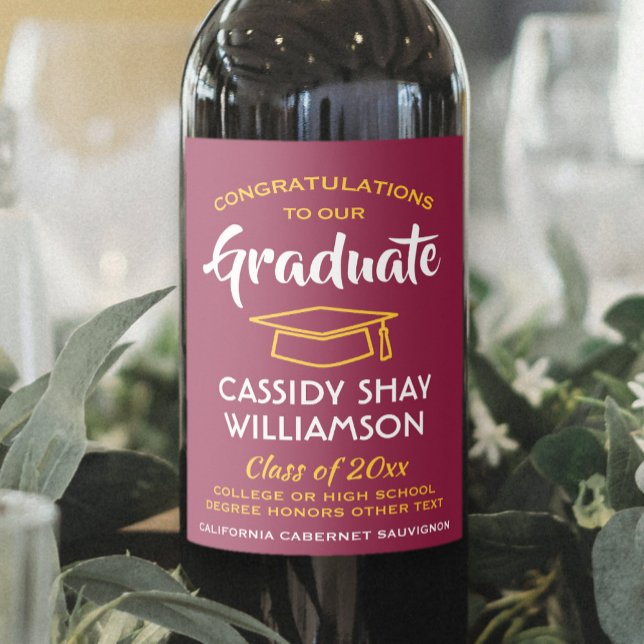 Graduation Party Congrats Maroon Red Gold Yellow Wine Label (Creator Uploaded)